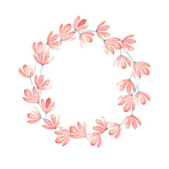 Watercolor hand drawn illustration of wreath of pink flowers with place for text isolated on white