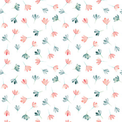 Watercolor hand drawn illustration seamless background of pink and blue abstract flowers isolated on white