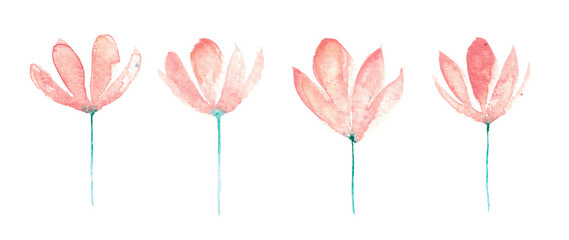 Watercolor hand drawn illustration set of pink abstract flowers isolated on white