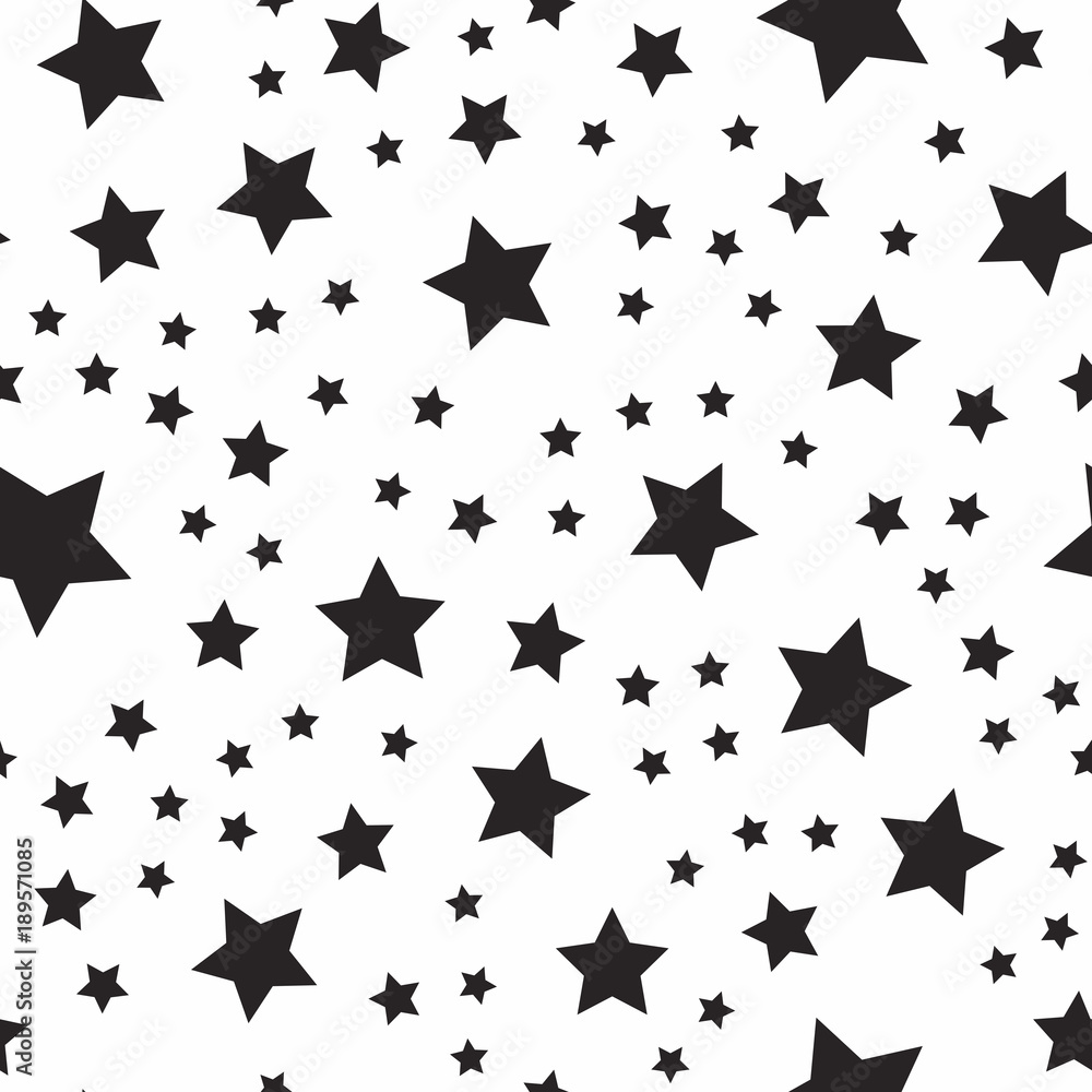 Poster seamless abstract pattern with black stars of different size on white background.