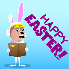 Boy dressed as Easter bunny reading a book. Vector cartoon character illustration.