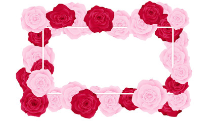 top view valentine floral invitation rounding by pink and red roses, artwork has some copy space in middle as white background , all elements are fill pastel color