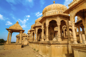 Ancient royal cenotaphs and archaeological ruins at Jaisalmer Bada Bagh Rajasthan, India.