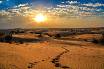 Scenic sunset view at Thar desert Jaisalmer, Rajasthan with vibrant moody sky and golden sand dunes.