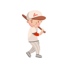 Little boy in white uniform playing baseball, kids physical activity cartoon vector Illustration