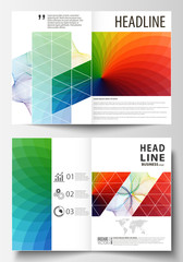 Obraz na płótnie Canvas Business templates for bi fold brochure, magazine, flyer. Cover template, easy editable vector, flat layout in A4 size. Colorful design background with abstract shapes and waves, overlap effect.