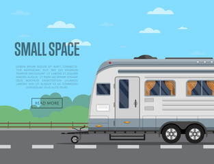 Small travel space poster with camping trailer on nature background. Car RV trailer caravan, compact motorhome, mobile home for country traveling and outdoor family vacation vector illustration