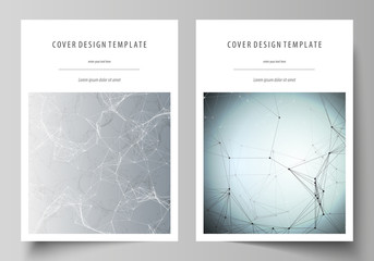 Business templates for brochure, magazine, flyer, booklet. Cover design template, vector layout in A4 size. Chemistry pattern, connecting lines and dots, molecule structure, medical DNA research.