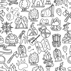 Hiking and trekking travel seamless pattern. Endless repeatable background with cartooning traveling elements about camping, vacation and wild life. Woods, forest and outdoor adventure background