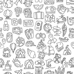 Travel and summer seamless pattern, journey and trip background. Adventure time pattern in hand draw style, vector sketch elements on repeatable pattern