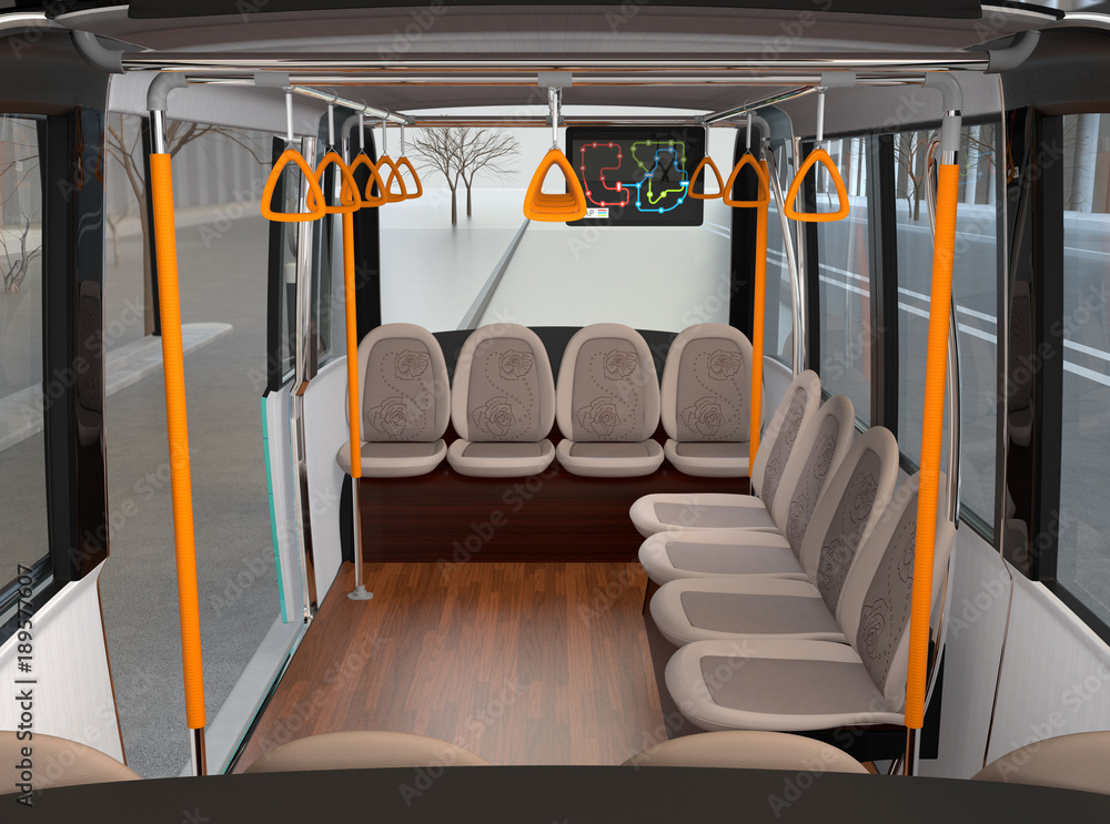 Poster interior of self-driving shuttle bus waiting at bus station. 3d rendering image.