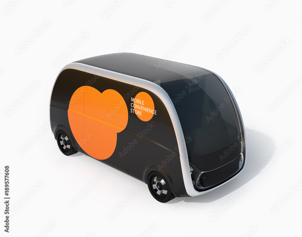 Poster autonomous vending car isolated on white background. mobile convenience store concept. 3d rendering 