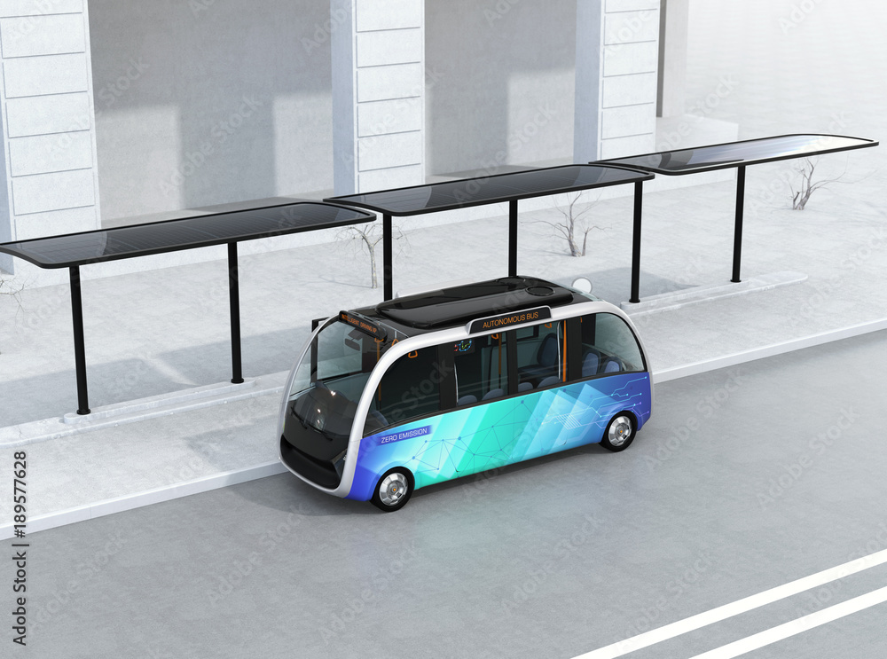 Poster self-driving shuttle bus waiting at bus station. the bus station equipped with solar panels for elec