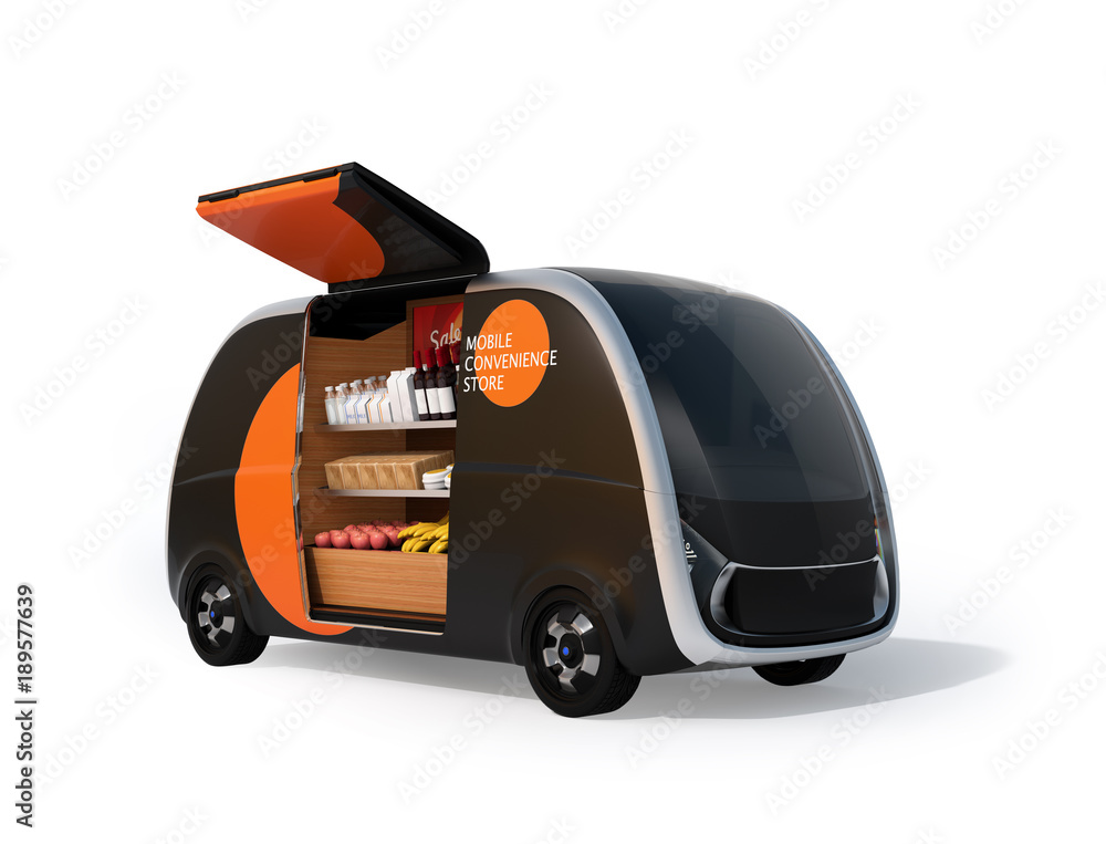 Aufkleber autonomous vending car with side door opened. the vending car is equipped with shelf for selling foo