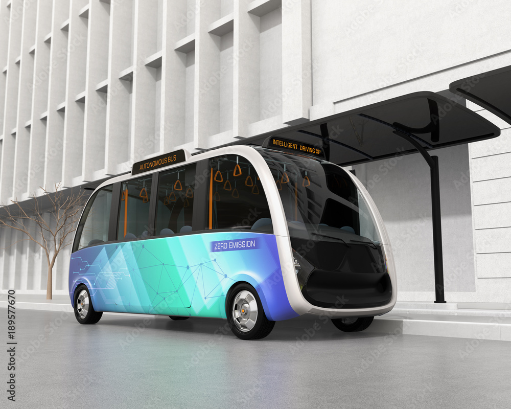 Poster self-driving shuttle bus waiting at bus station. the bus station equipped with solar panels for elec
