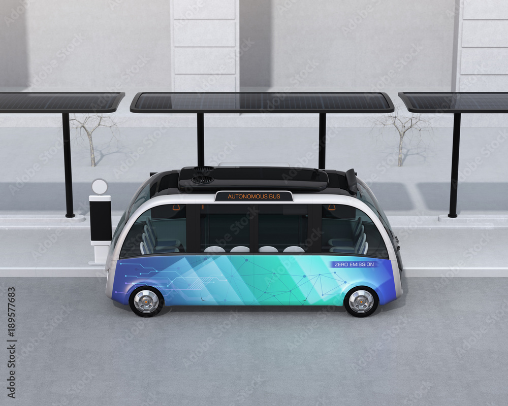 Poster side view of self-driving shuttle bus waiting at bus station. the bus station equipped with solar pa
