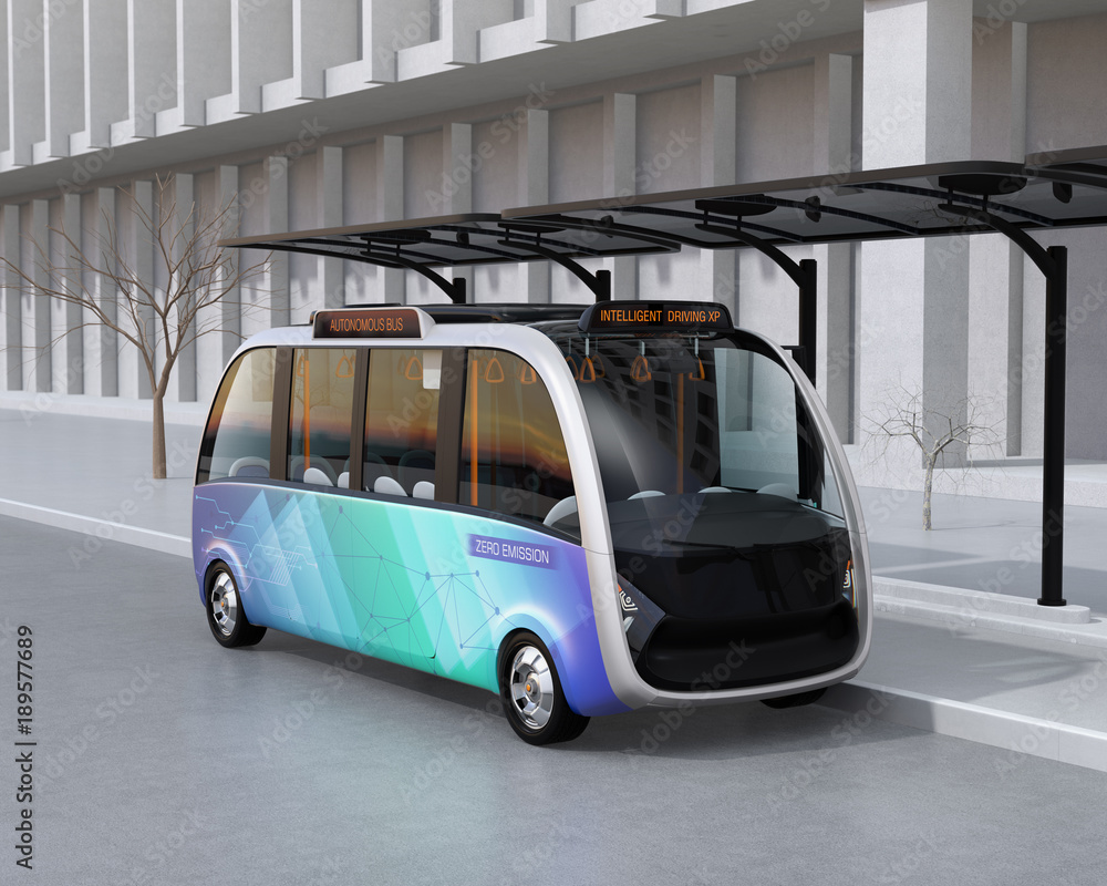 Poster self-driving shuttle bus waiting at bus station. the bus station equipped with solar panels for elec