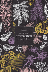 Fototapeta premium Vector card design with hand drawn blossoming trees illustration. Spring flowers sketch collection in pastel colors.Wedding invitation template on chalkboard.