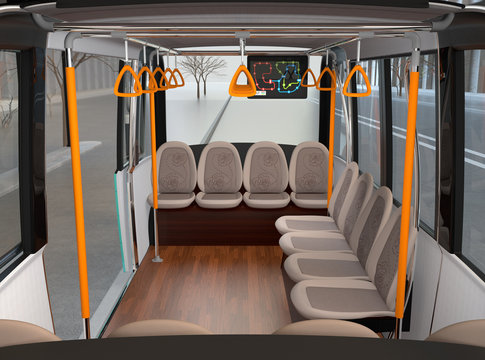 Interior of self-driving shuttle bus waiting at bus station. 3D rendering image.