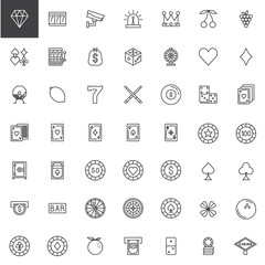 Casino and gambling line icons set, outline vector symbol collection, linear style pictogram pack. Signs, logo illustration. Set includes icons as roulette, chip, clover, spade, heart, domino, cards