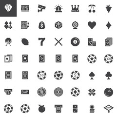 Casino and gambling vector icons set, modern solid symbol collection, filled style pictogram pack. Signs, logo illustration. Set includes icons as roulette, chip, clover, spade, heart, domino, cards