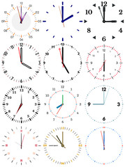 A set of different mechanical clocks with an image of each of the twelve hours. Clock face on white background.
