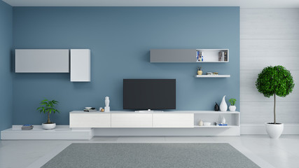 TV cabinet interior design modern and cozy idea , White sideboard on dark blur wall with  mable floor and gray carpet ,3d illustation
