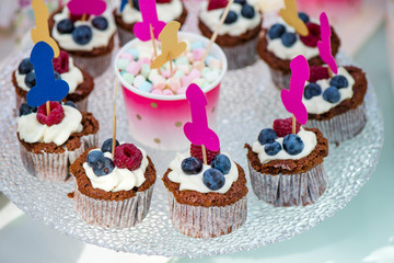 Mature content. Cheerful bride and bridesmaids party. Colorful, funny and obscene background. Cupcakes with berries and penis decorations on toothpicks