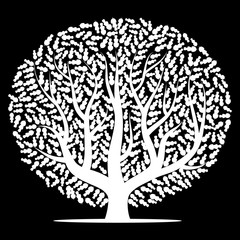 White tree with leaves on black background. Vector illustration
