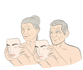 An elderly woman and a man dresses a mask with a young face. concept of rejuvenation. vector illustration.