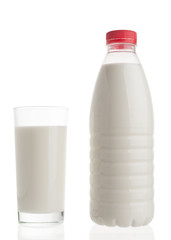 Milk bottle and glass isolated on white background