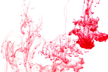 red paint in water on a white background. color paint pouring in water.splashes of red colour