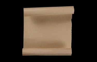 Cardboard paper medieval scroll isolated on black background, clipping path