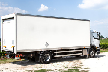 white delivery panel truck van for transport with blank for logo or trademark