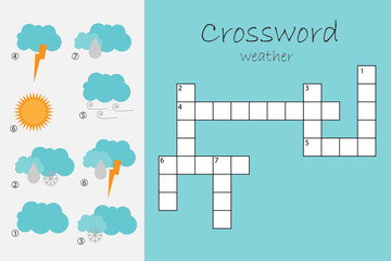 Сrossword for children, weather theme, fun education game for kids, preschool worksheet activity, vector illustration