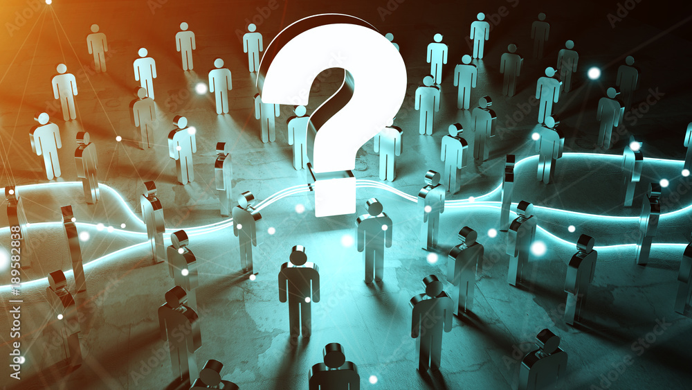 Poster question mark illuminating a group of people 3d rendering