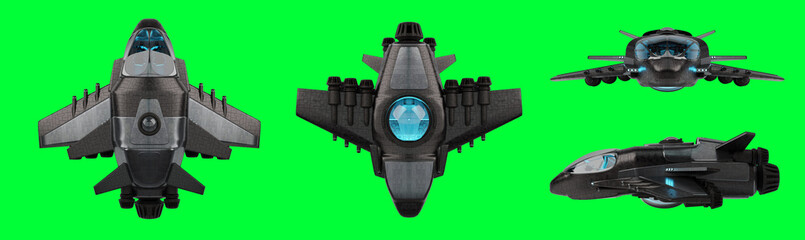 Futuristic spacecraft collection isolated on green background 3D rendering