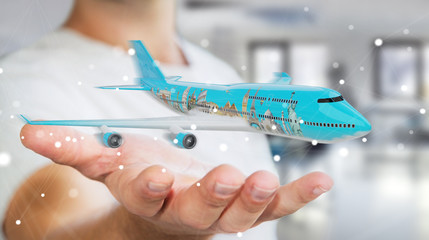 Businessman with plane and famous landmarks of the world 3D rendering