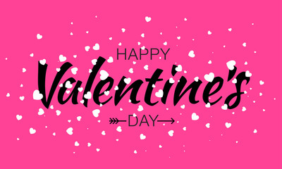 Happy Valentines Day card design, typographic lettering set isolated on pink background with flying white hearts and arrow. Vector love Illustration of a Valentine's Day Card EPS10.