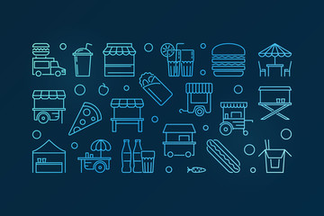 Street food festival vector blue outline horizontal banner
