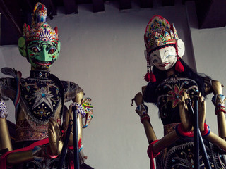 traditional Javanese Wayang Golek theatre puppets being sold as sourvenirs in Java