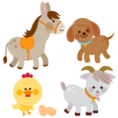 Farm animals. A donkey, a dog, a chicken and a goat. Vector illustration