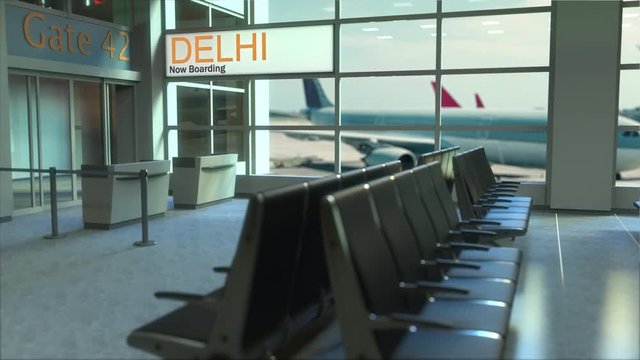 Delhi flight boarding now in the airport terminal. Travelling to India conceptual intro animation, 3D rendering