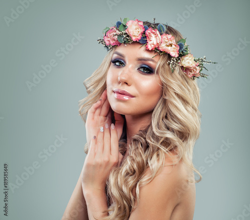 Spring Beauty Beautiful Woman With Flowers Blonde Permed