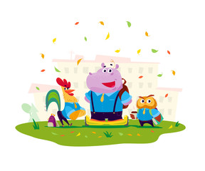 Vector flat collection of happy animal student standing at school building. Back to school illustration isolated on white background. Cartoon style. Good for prints, sticker, banner, packaging design