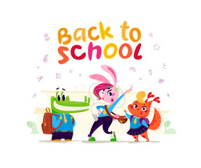 Vector flat collection of happy animal student standing at school building. Back to school illustration isolated on white background. Cartoon style, lettering. Good for sticker, banner, package design