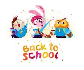 Vector flat collection of happy animal student standing behind white paper background. Back to school illustration isolated on white background. Cartoon style. Good for poster banner, packaging design