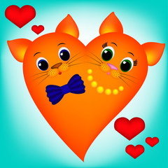 Cute orange Cat-Heart on blue background, girl and boy
