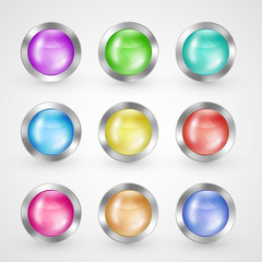 Glossy glass and metallic buttons set, vector symbols for internet web-sites navigation with silver brushed and glowing frame surface, laconic elegant design isolated on white.