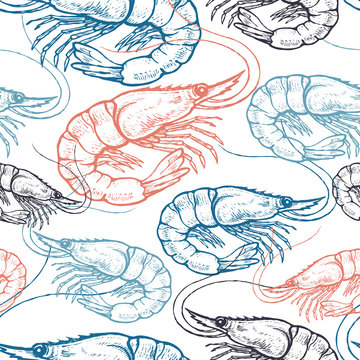 Seamless vector pattern with shrimp.